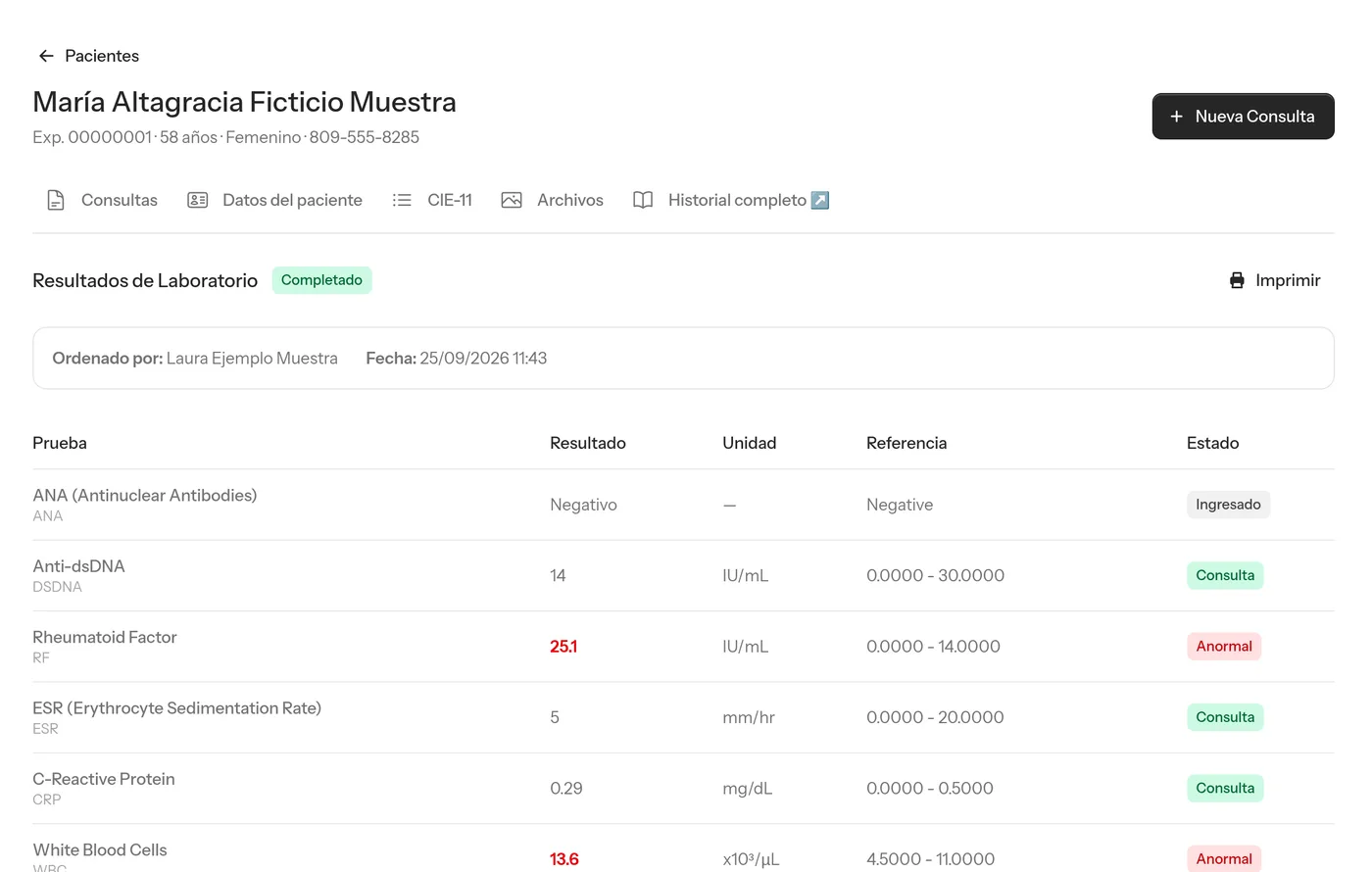 MedicalRD: resultados de laboratorio con valores anormales resaltados